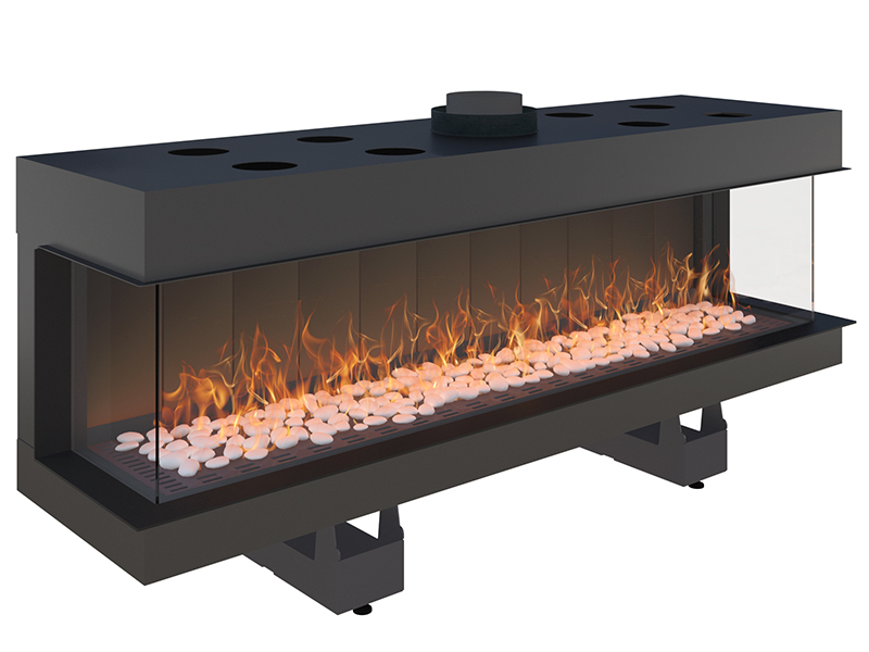 <b>Reference:</b> F.3V-C <br> 
<b>Description:</b><br>
- Three Sided Frameless Gas Fireplace  <br>
- Maxitrol system - Made in Germany<br>
<b>Options:</b><br>
- Back: Steel,Brick or Mirror<br>
- System: Full remote control system (GV60) or Manual system (GV32)<br>
- Double Burner: Z Line and bubble shape.<br>
<b>Fireplace Dimensions:</b><br>
- L= 160CM<br>
- W= 43CM<br>
- H= 70CM<br>
<b>Glass Opening Dimension:</b><br>
- L= 153CM<br>
- H= 37CM