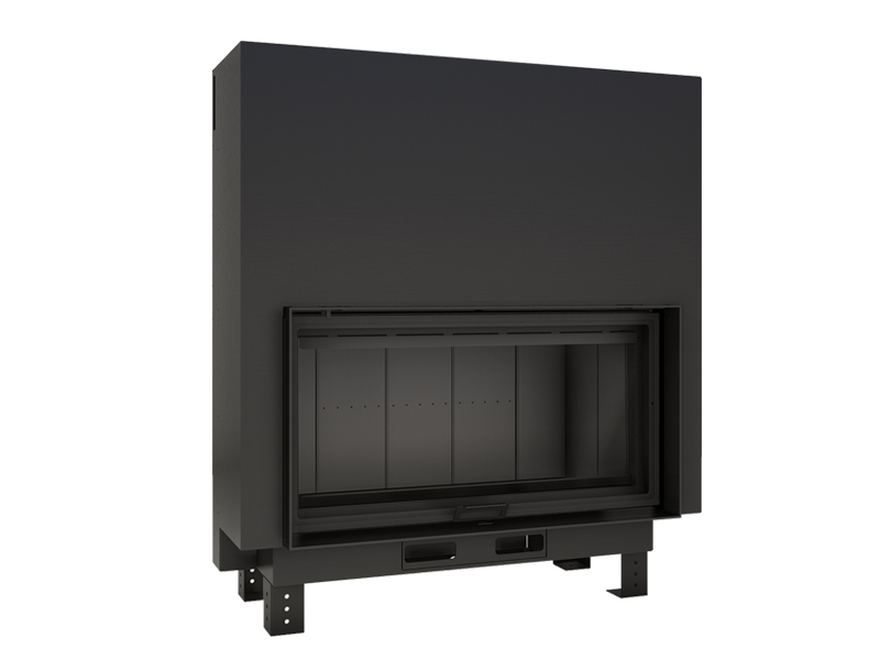 <b>Reference:</b> ECO BRUNER FLAT 100 <br> 
<b>Description:</b><br>- Steel fireplace with guillotine door. <br>
- Double combustion <br>
- Double Cleaning glass system <br>
- Option: Brick or vermiculite <br>
- Heat output: 17kW <br>
- Flue socket: ø250 MM<br>
- Heating area: 165 m2 <br>
<b>External Dimensions:</b><br>- L= 123CM<br>- W= 64CM<br>- H= 139CM<br>
<b>Opening Dimensions:</b><br>- L= 103CM<br>- H= 54CM<br>
<b>Weight:</b> 390KG