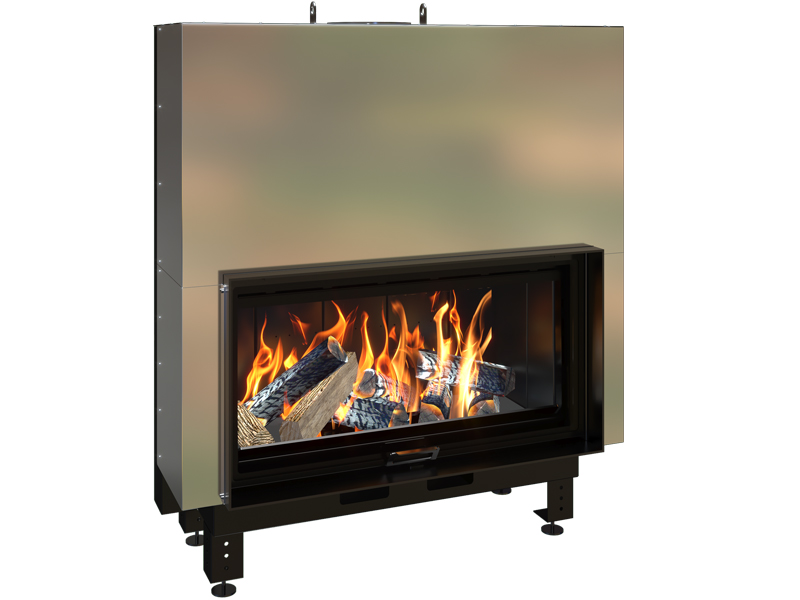 <b>Reference:</b> ECO BRUNER FLAT 100 <br> 
<b>Description:</b><br>- Steel fireplace with guillotine door. <br>
- Double combustion <br>
- Double Cleaning glass system <br>
- Option: Brick or vermiculite <br>
- Heat output: 17kW <br>
- Flue socket: ø250 MM<br>
- Heating area: 165 m2 <br>
<b>External Dimensions:</b><br>- L= 123CM<br>- W= 64CM<br>- H= 139CM<br>
<b>Opening Dimensions:</b><br>- L= 103CM<br>- H= 54CM<br>
<b>Weight:</b> 390KG