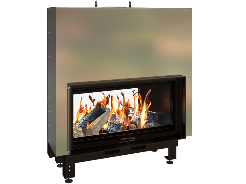 <b>Reference:</b> ECO BRUNER DOUBLE FACE 100 <br> 
<b>Description:</b><br>- Steel fireplace with guillotine door. <br>
- Double combustion <br>
- Double Cleaning glass system <br>
- Option: Brick or vermiculite <br>
- Heat output: 17kW <br>
- Flue socket: ø250 MM<br>
- Heating area: 165 m2 <br>
<b>External Dimensions:</b><br>- L= 123CM<br>- W= 66CM<br>- H= 139CM<br>
<b>Opening Dimensions:</b><br>- L= 103CM<br>- H= 54CM<br>
<b>Weight:</b> 390KG